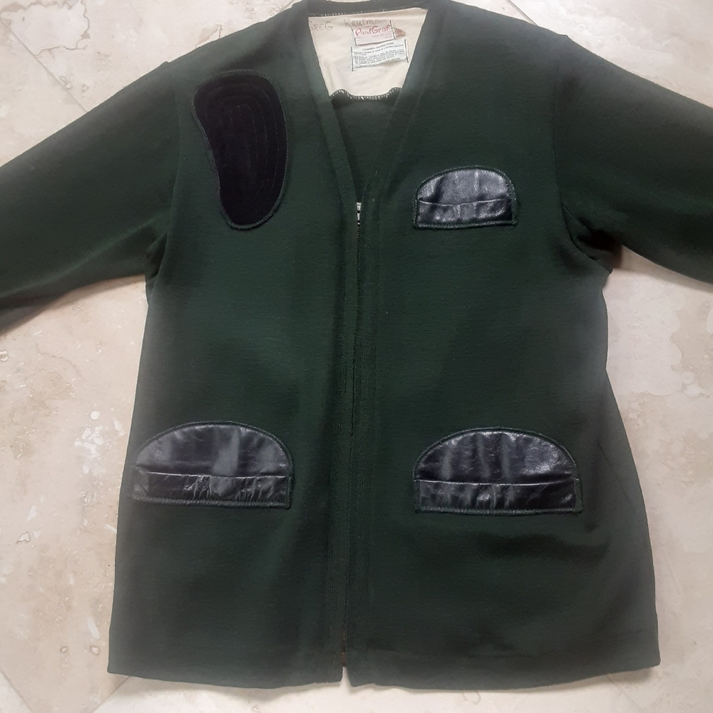 Vintage 1960s Paul Graf Wool Shooting Cardigan, Cowhide Pockets, Recoil Patch